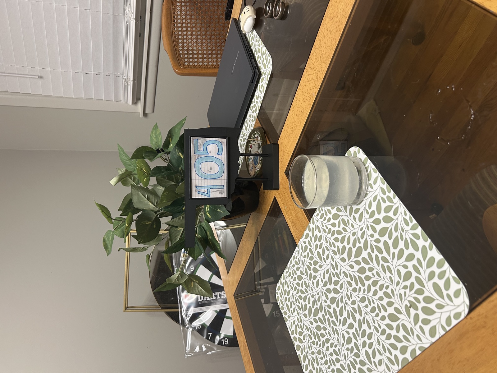 Oklahoma table number centerpiece with a hand-numbered card, on a display shelf